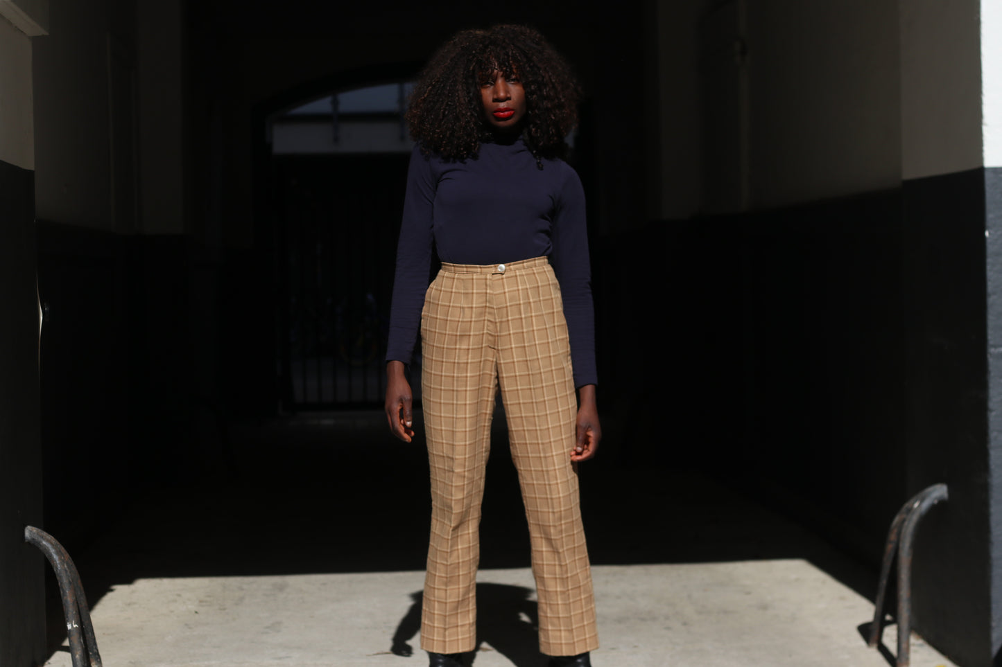 Plaid Trousers Vintage 70s Beige High Waisted Pants | Fits XS to S