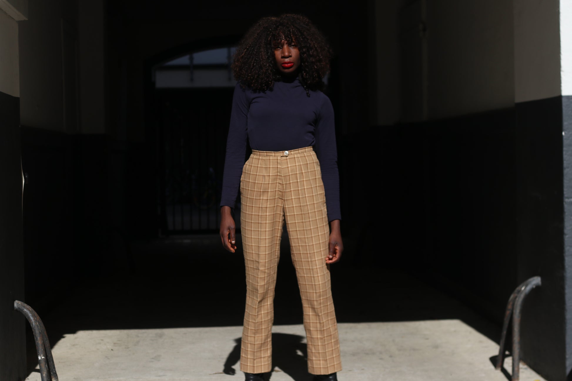 Plaid Trousers Vintage 70s Beige High Waisted Pants | Fits XS to S