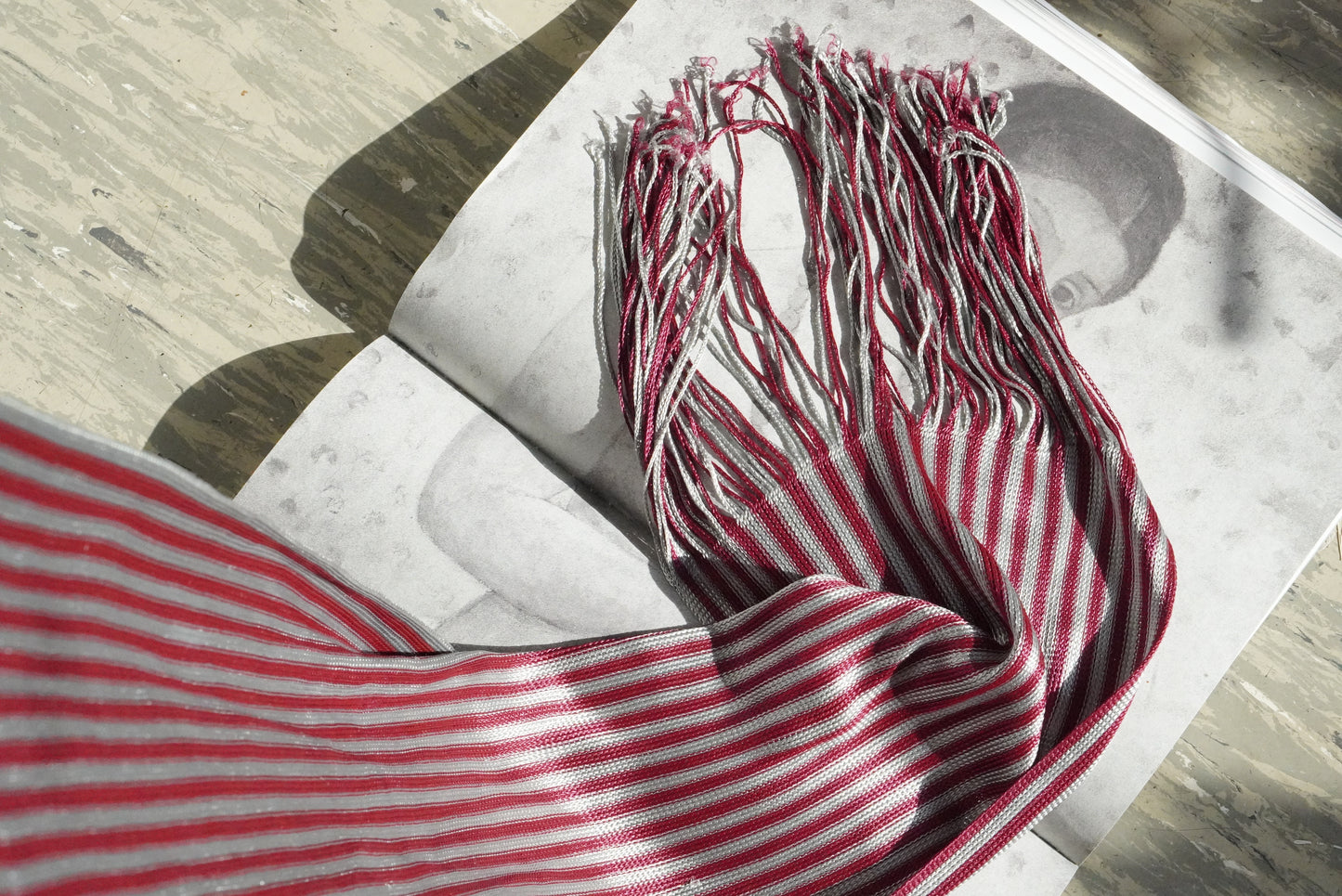 Vintage Burgundy Silver Striped Scarf Fringe Woven Retro Unisex Wrap Shawl