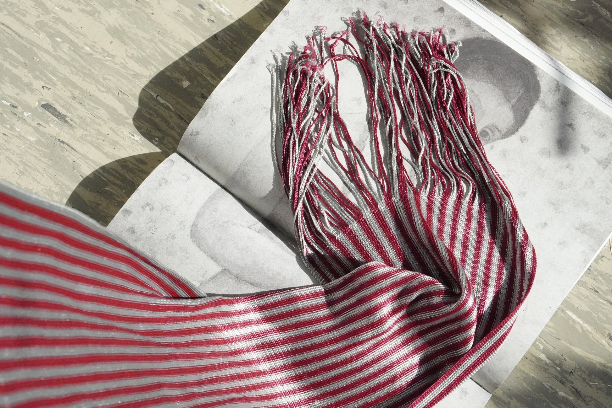 Vintage Burgundy Silver Striped Scarf Fringe Woven Retro Unisex Wrap Shawl