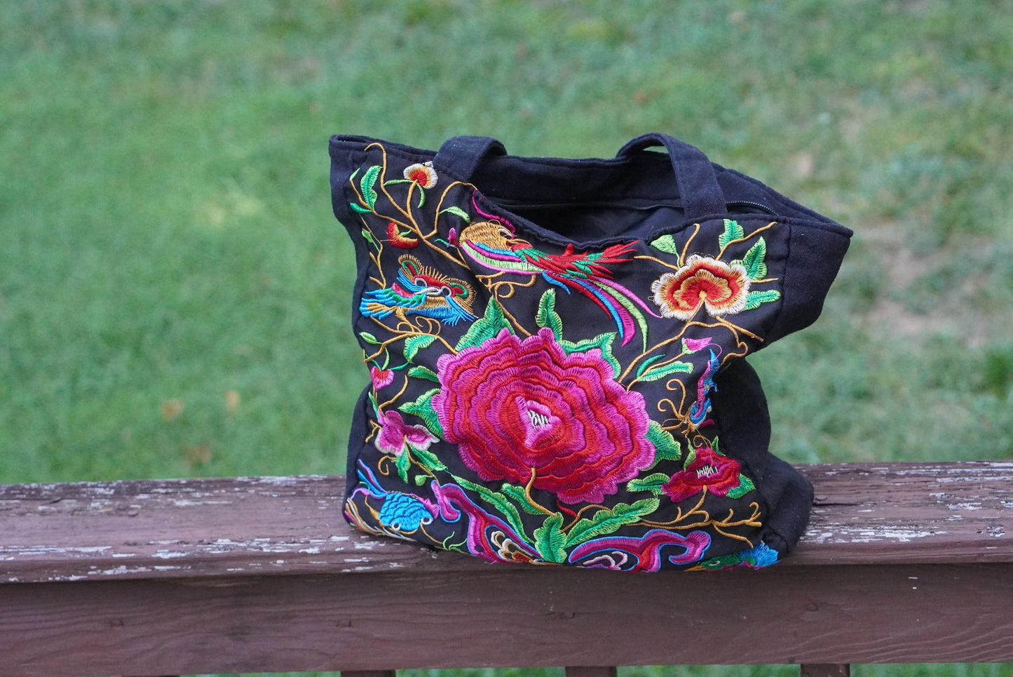 Vintage Floral Embroidered Black Canvas Tote Bag - Y2K Boho Shoulder Purse