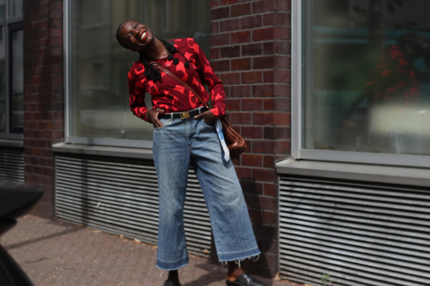 Marimekko Vintage Red Graphic Top - Y2K Long Sleeve Cotton Shirt