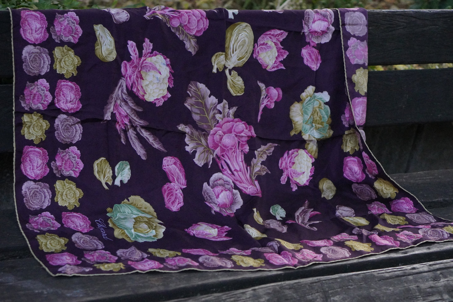 Chopard Scarf Vintage Silk Purple Floral Cabbage Print Logo Designer Headscarf