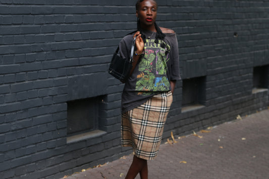 Vintage Wool Plaid Pencil Skirt| y2k Antonette Beige Check Midi - M
