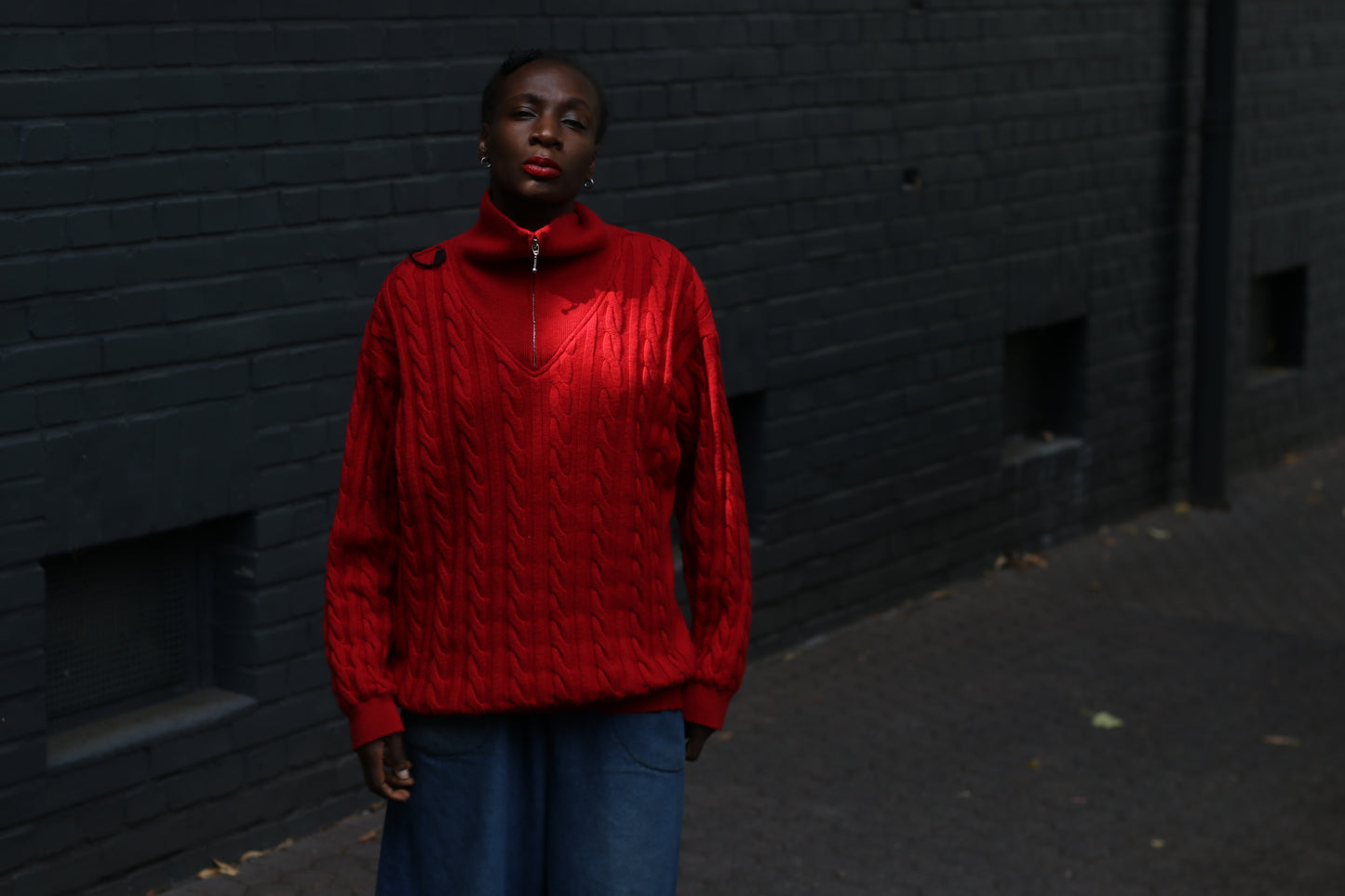 Merino Wool Sweater - Vintage Red Cable Knit Quarter Zip Jumper  L