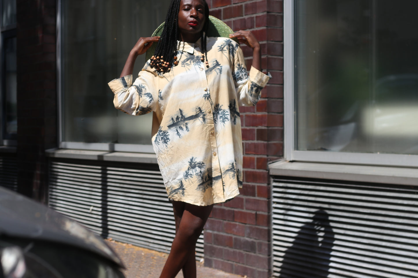 Vintage Palm Tree Shirt Dress 1990s Oversized Tropical Print Beige Long Blouse