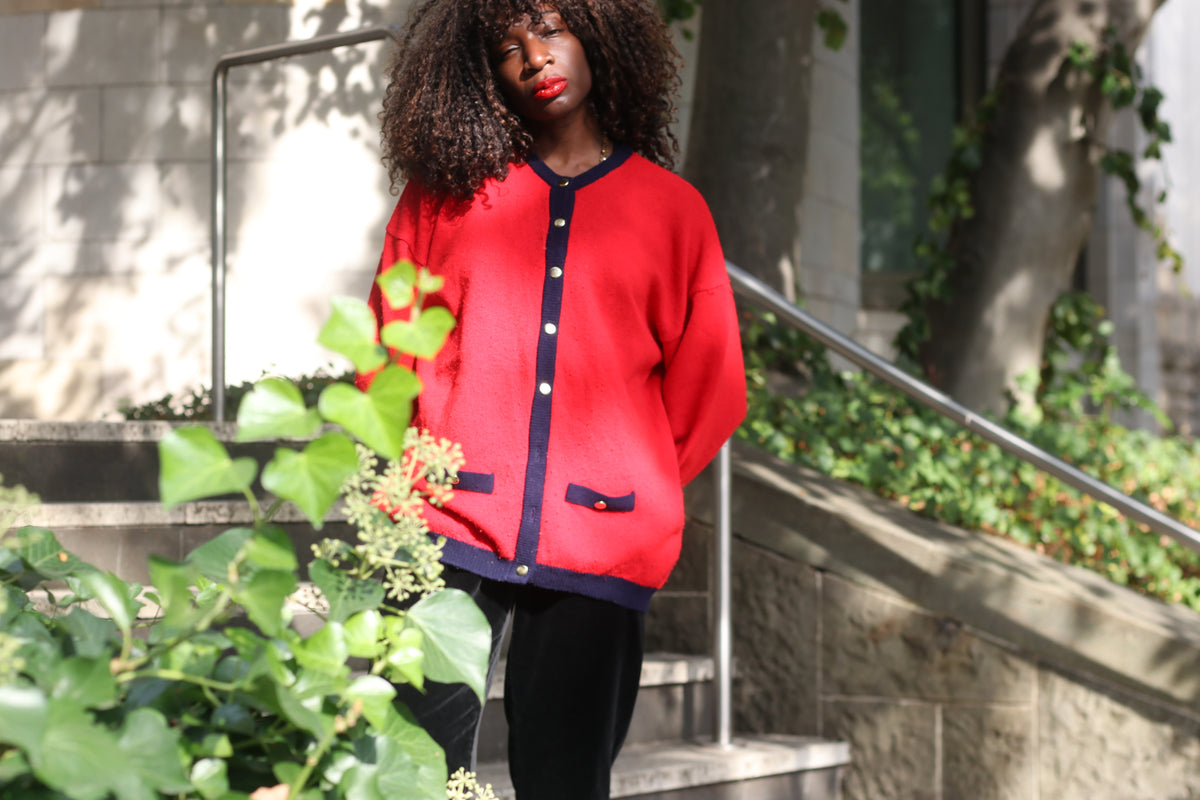 Wool Cardigan Vintage 80s Red Navy | Mackinnon Scotland Knit Sweater | L