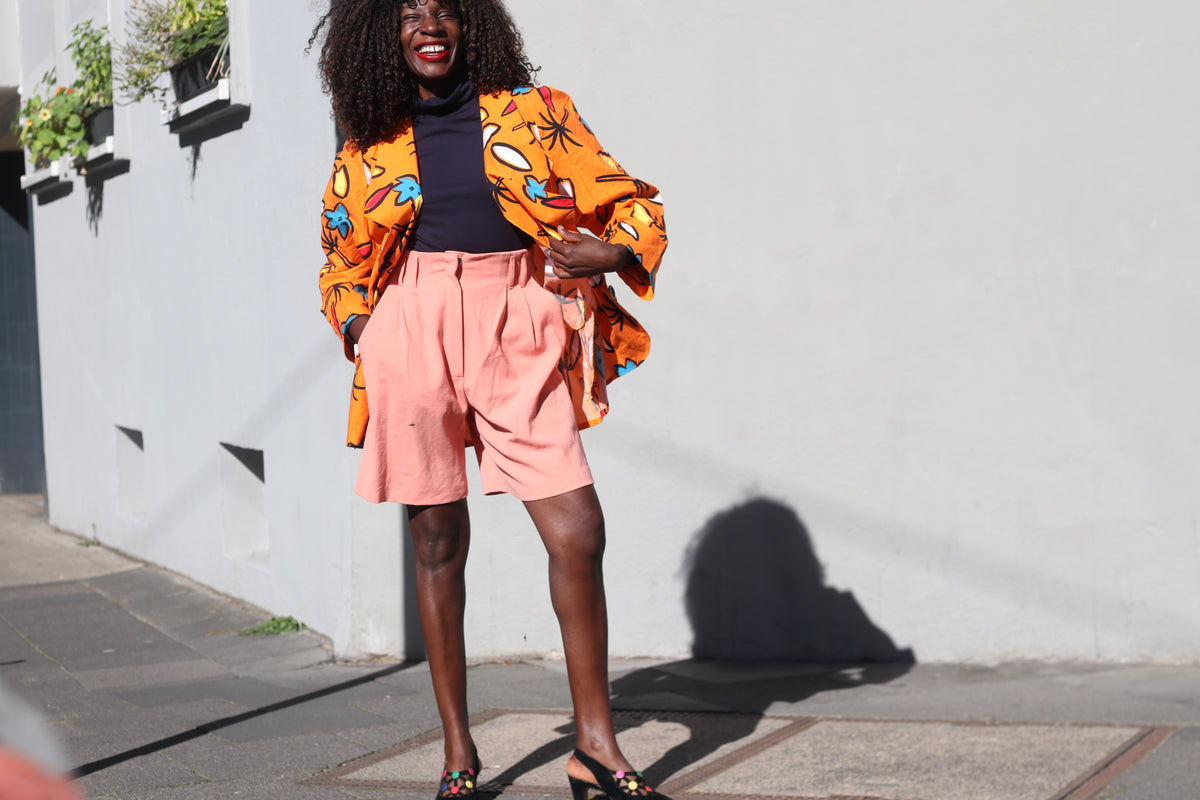 Vintage 80s Abstract Print Blazer | Orange Cotton Art Jacket M/L
