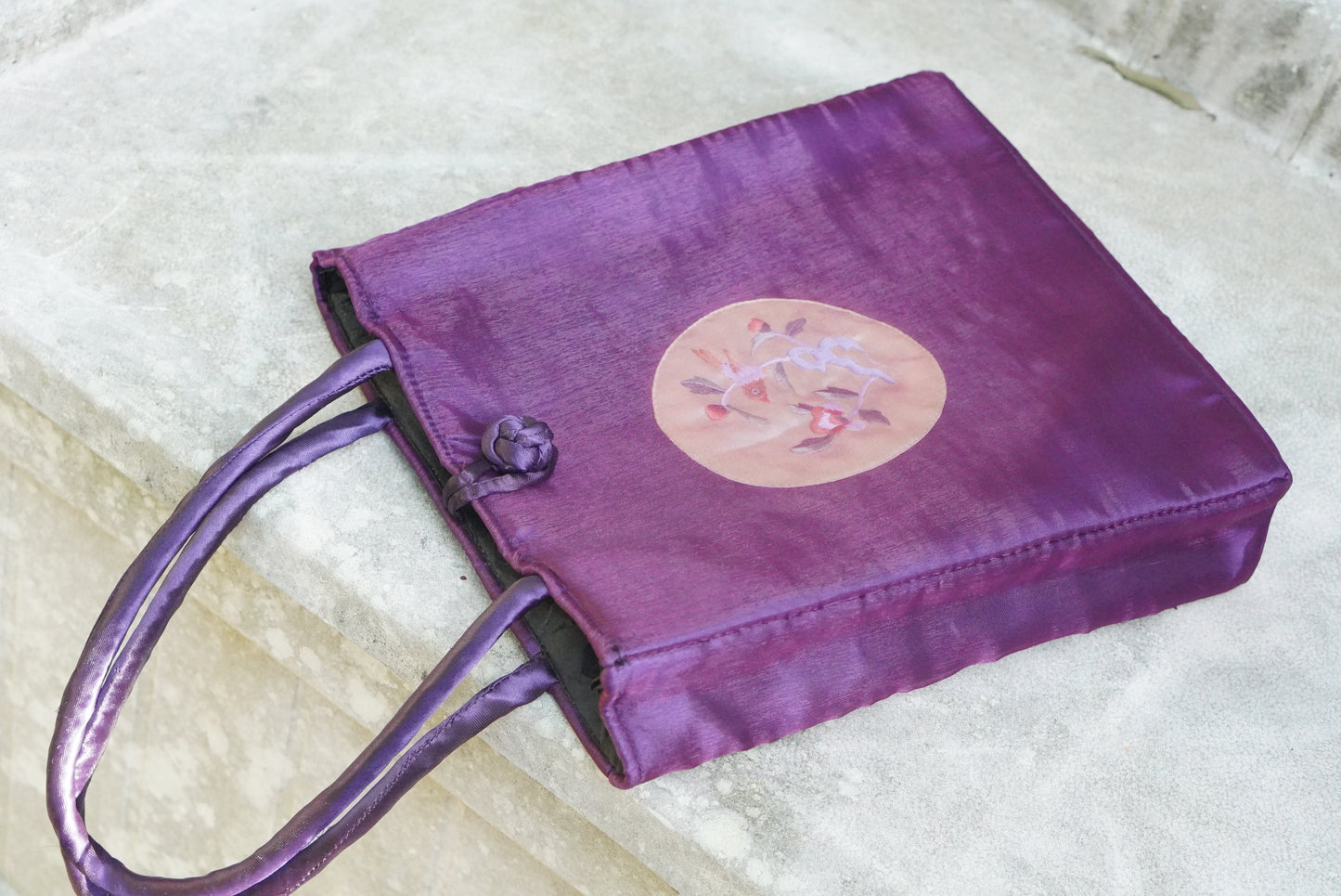Vintage 1990s Purple Silk Embroidered Tote Bag