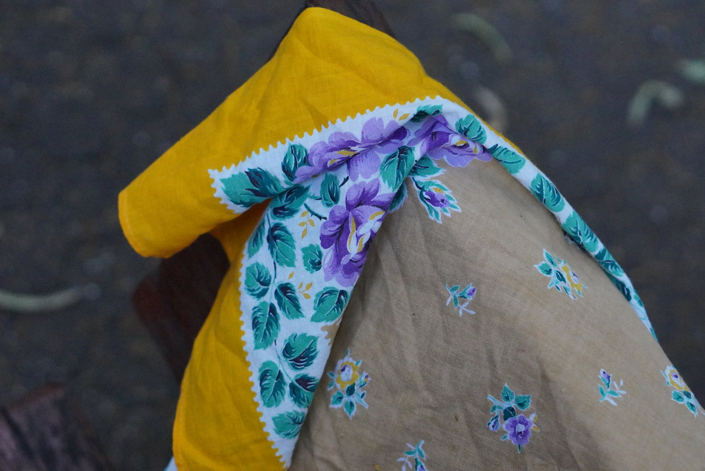 Vintage Floral Scarf Yellow Purple Rose Babushka Headscarf Cotton Square Bandana
