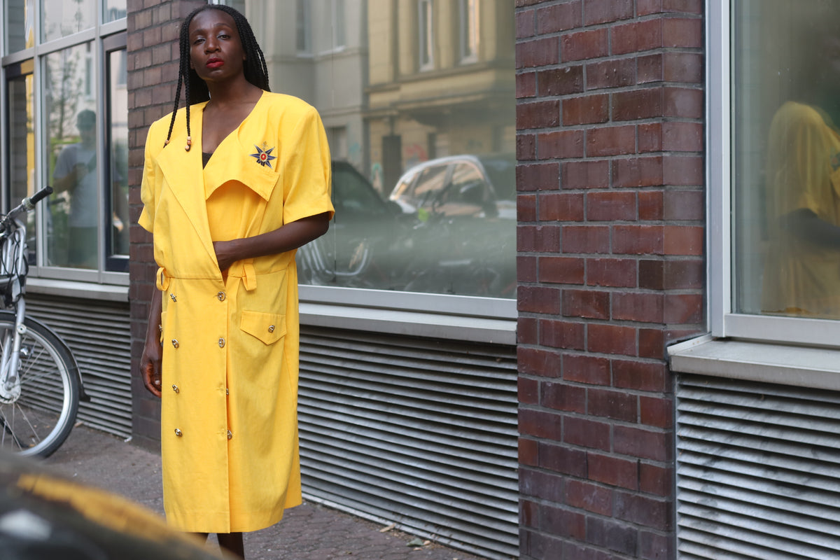 Vintage 80s Yellow Trench Dress | Short Sleeve Midi Shirtdress L to XL
