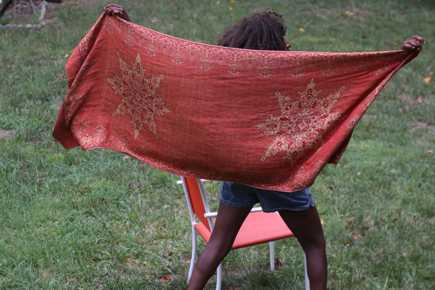 Vintage Paisley Pashmina Scarf | 90s Rust Red Boho Fringe Shawl
