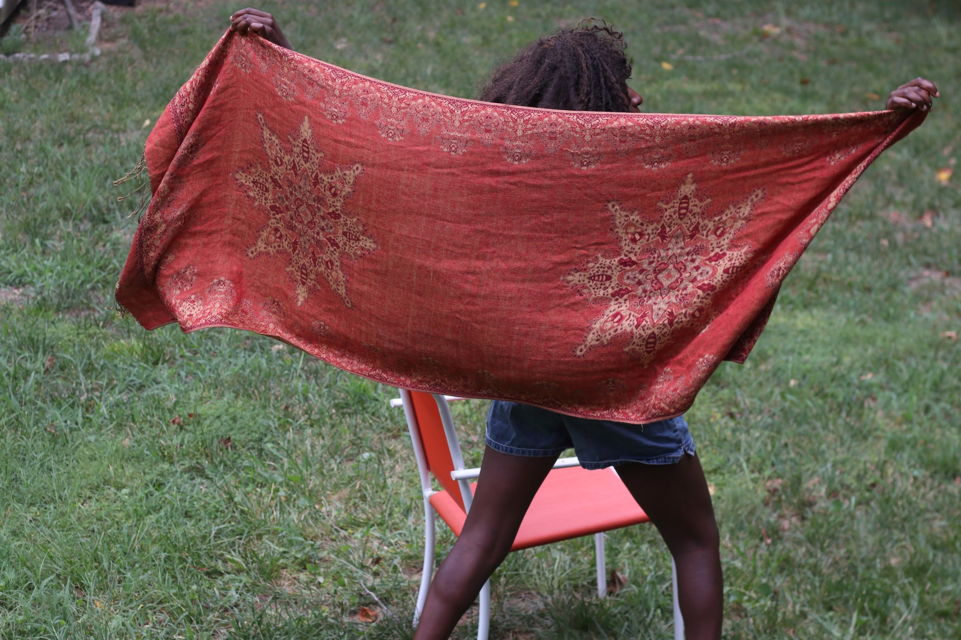 Vintage Paisley Pashmina Scarf | 90s Rust Red Boho Fringe Shawl