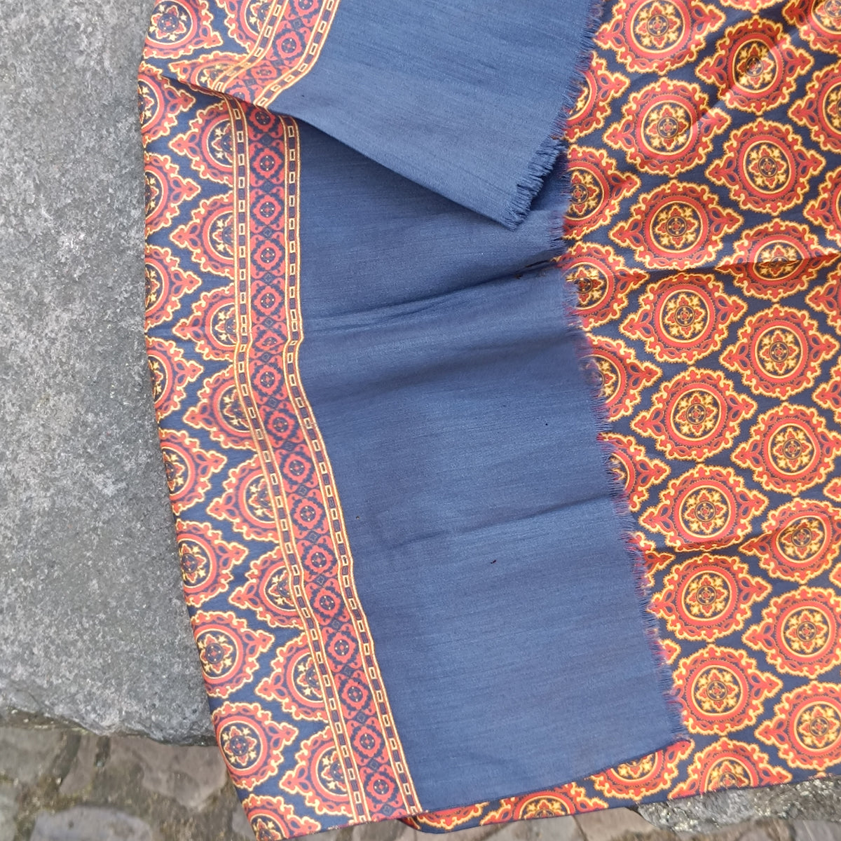 Vintage Silk Blend Scarf | Paisley Tile Wool Scarf | Navy Orange