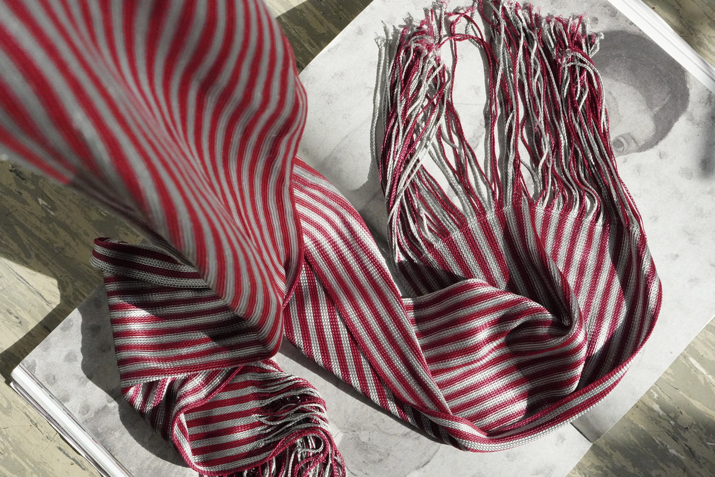 Vintage Burgundy Silver Striped Scarf Fringe Woven Retro Unisex Wrap Shawl