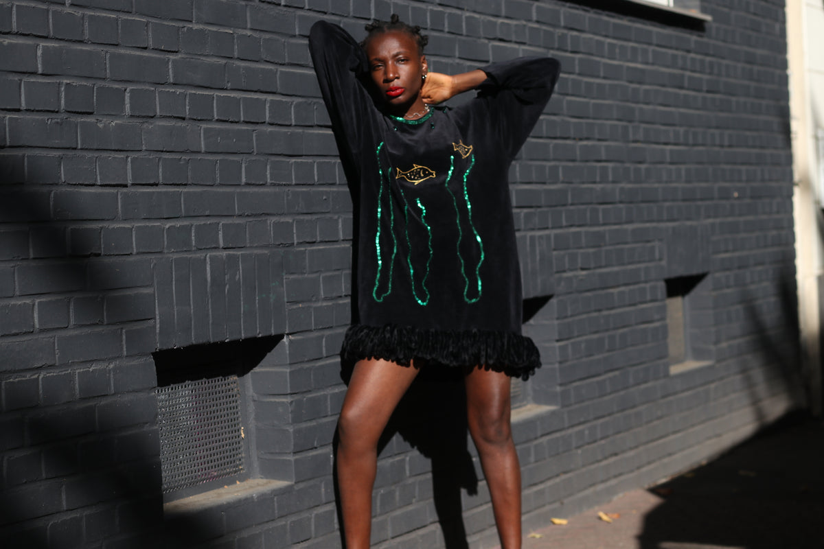 Vintage Velvet Tunic Dress - 90s Black Sequin Fish Mini Dress - L