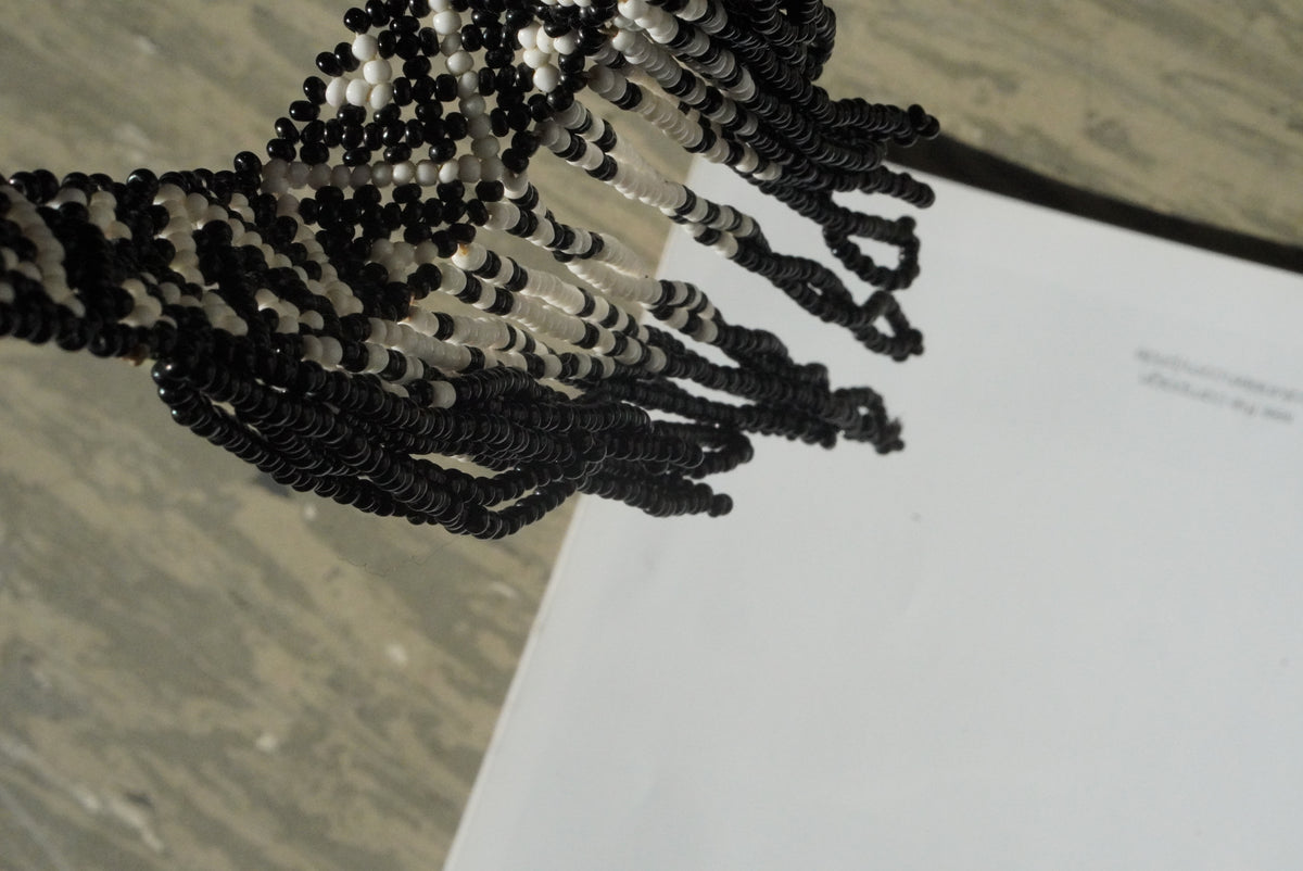 Beaded Statement Collar Necklace | Vintage Boho Geometric Fringe | Black White