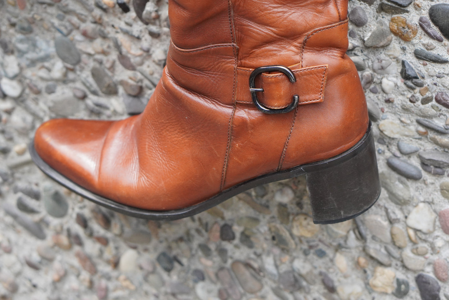 Vintage Esprit 90s Cognac Leather Knee High Boots Block Heel Almond Toe Size 38