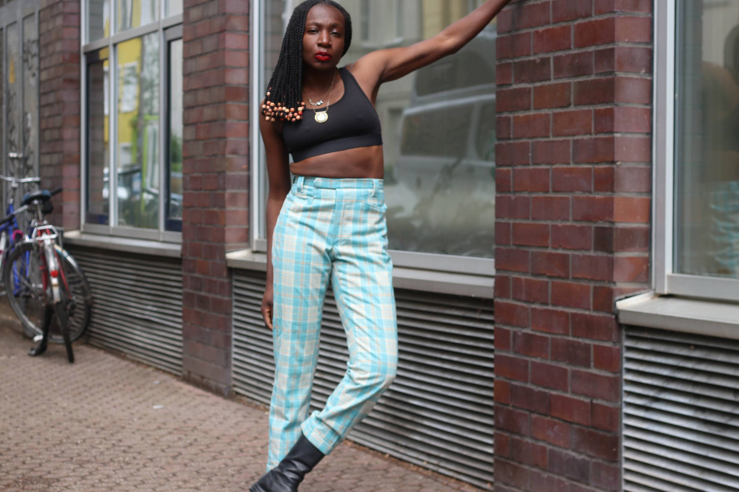 Vintage 70s Plaid Trousers | Turquoise High Waist Check Pants
