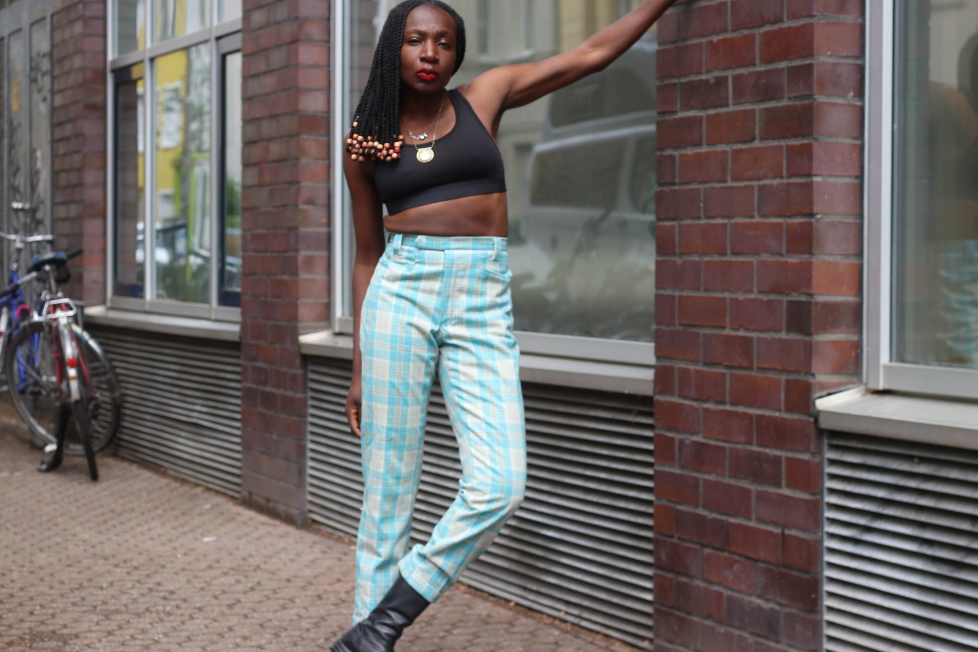 Vintage 70s Plaid Trousers | Turquoise High Waist Check Pants