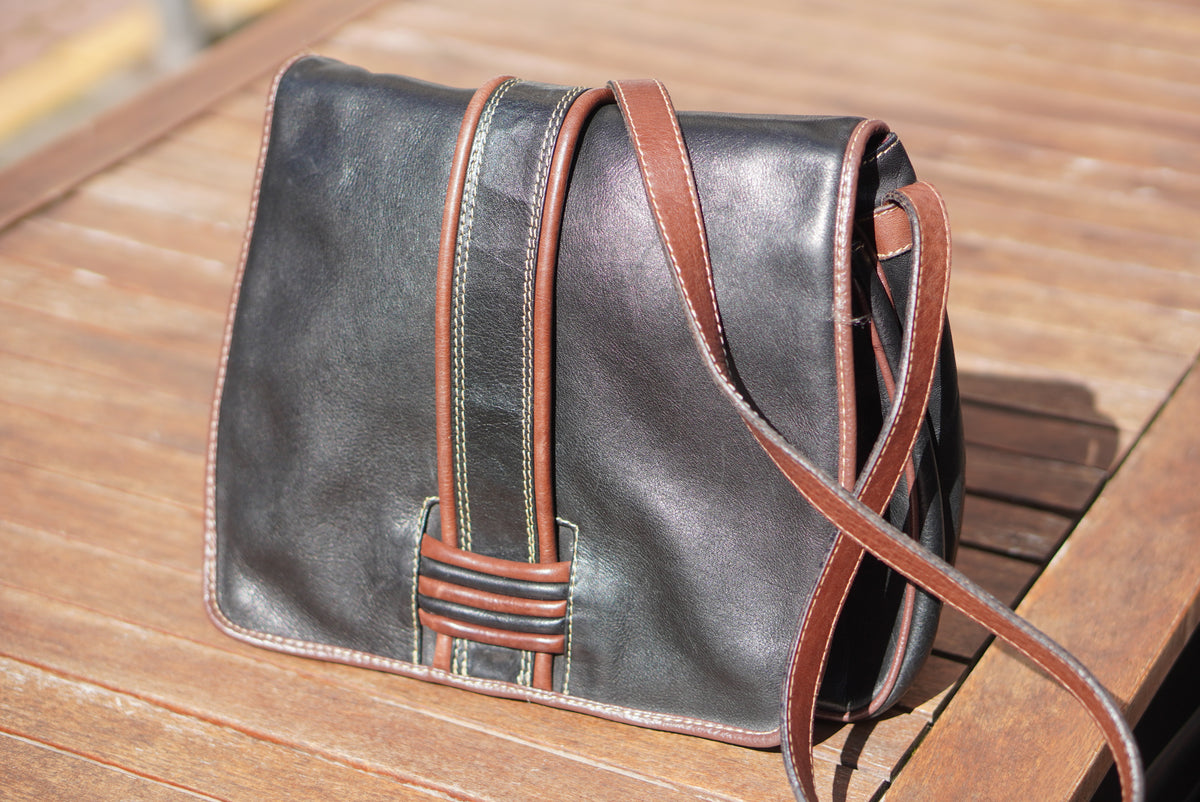 Leather Crossbody Bag - Vintage 80s BIASIA Black Brown - Medium