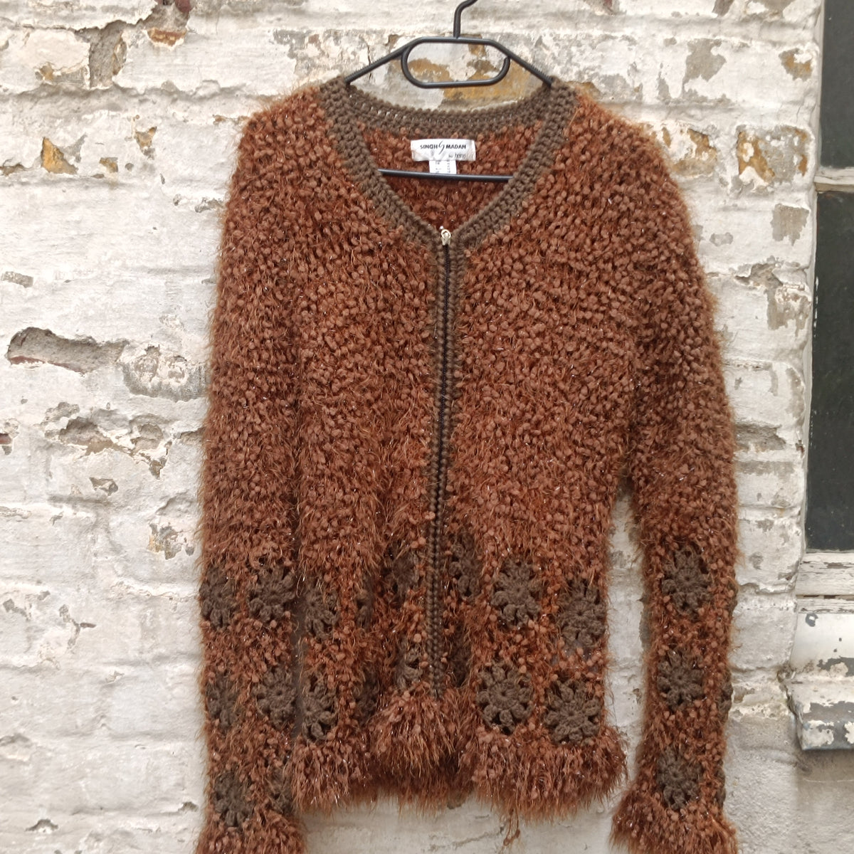 Vintage Brown Fuzzy Knit Cardigan | Y2K Crochet Trim Zipper Sweater XL
