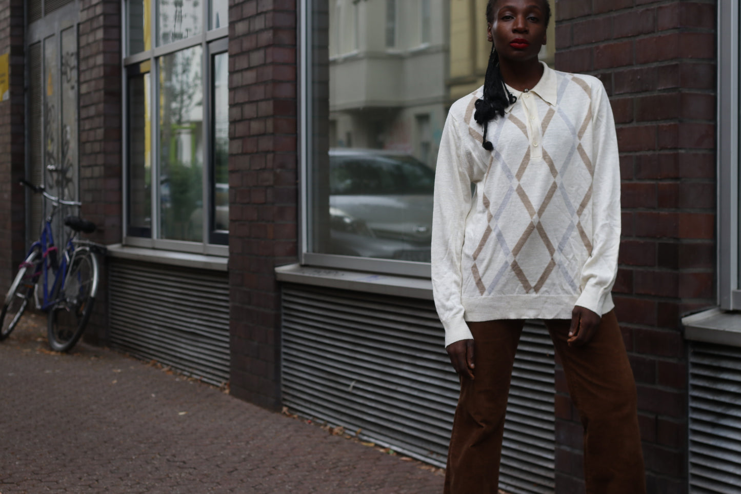Argyle Sweater | Vintage 70s Guy de Bérac Cream Knit Polo | M/L