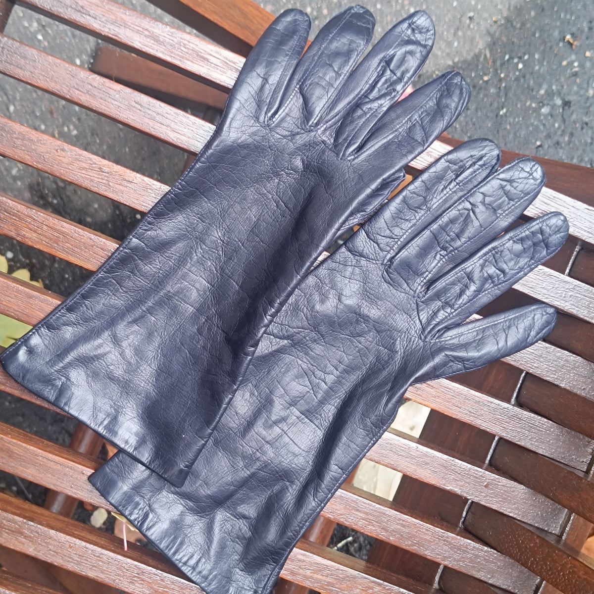 Leather Gloves | Vintage 80s Dark Navy Blue Mid Gauntlet | Size S
