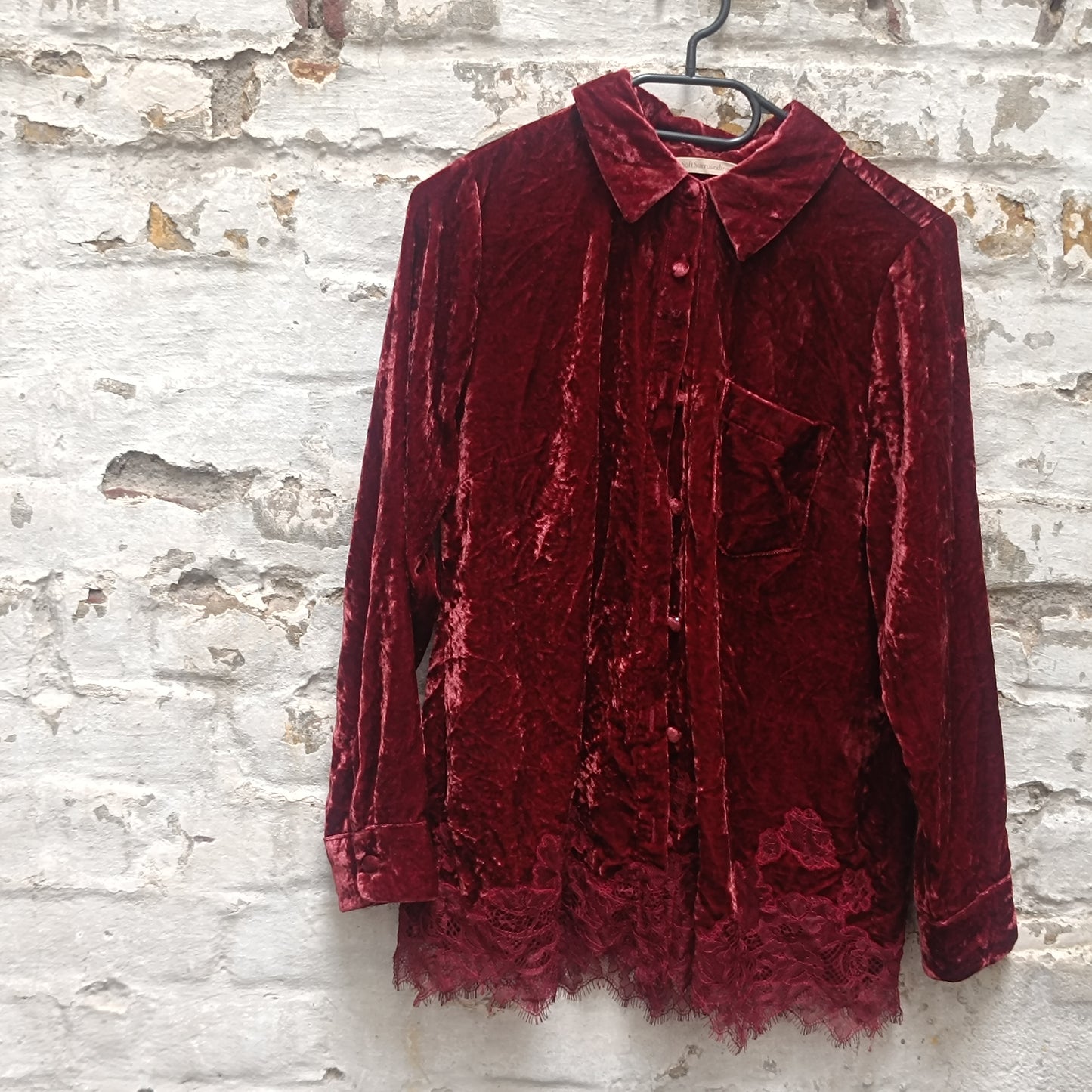  Vintage Gothic Red Velvet Top  | 90s Lace Hem Button Up S