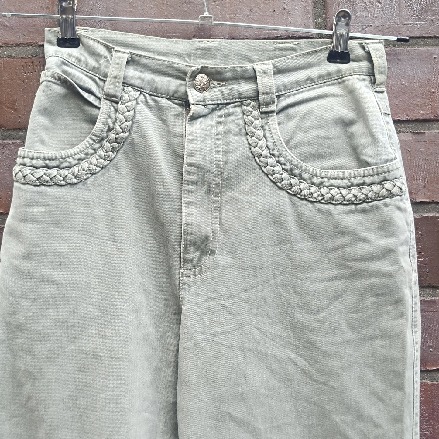 Vintage 1980s High Waisted Pants Sage Green Braided Pocket Tapered Denim Trousers