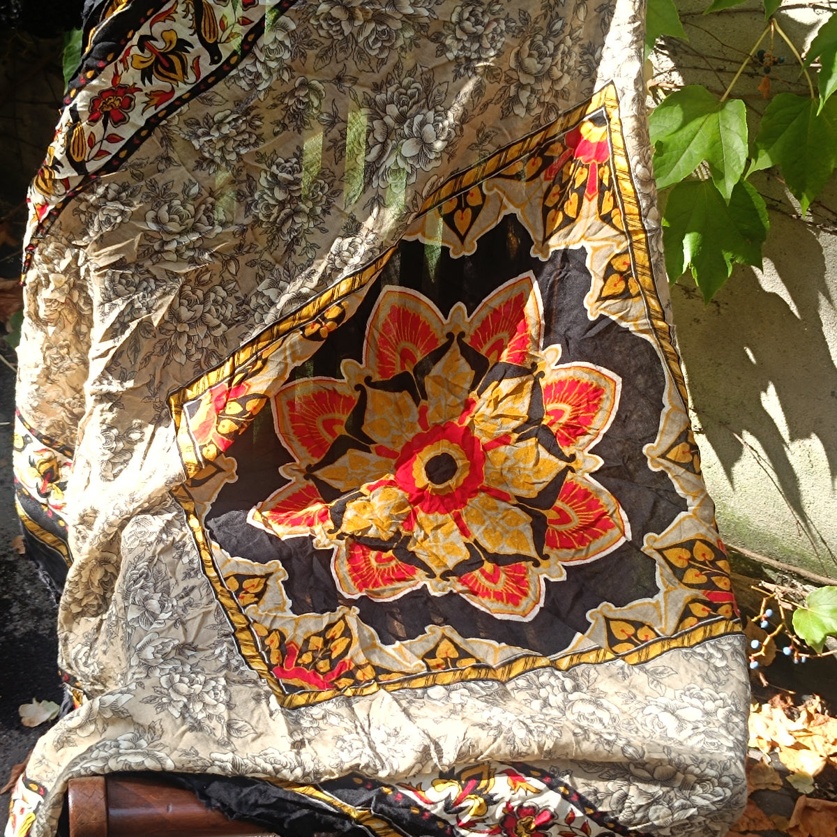 Marc Rozier Paris Vintage Scarf - Floral Mandala Wool Blend Wrap - Black Gold