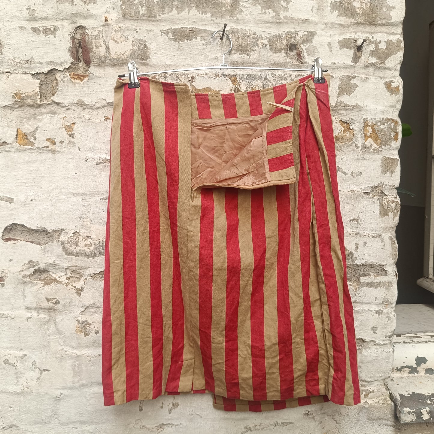 Striped Faux Wrap Skirt | Vintage 90s Red Beige | Size L EU 44