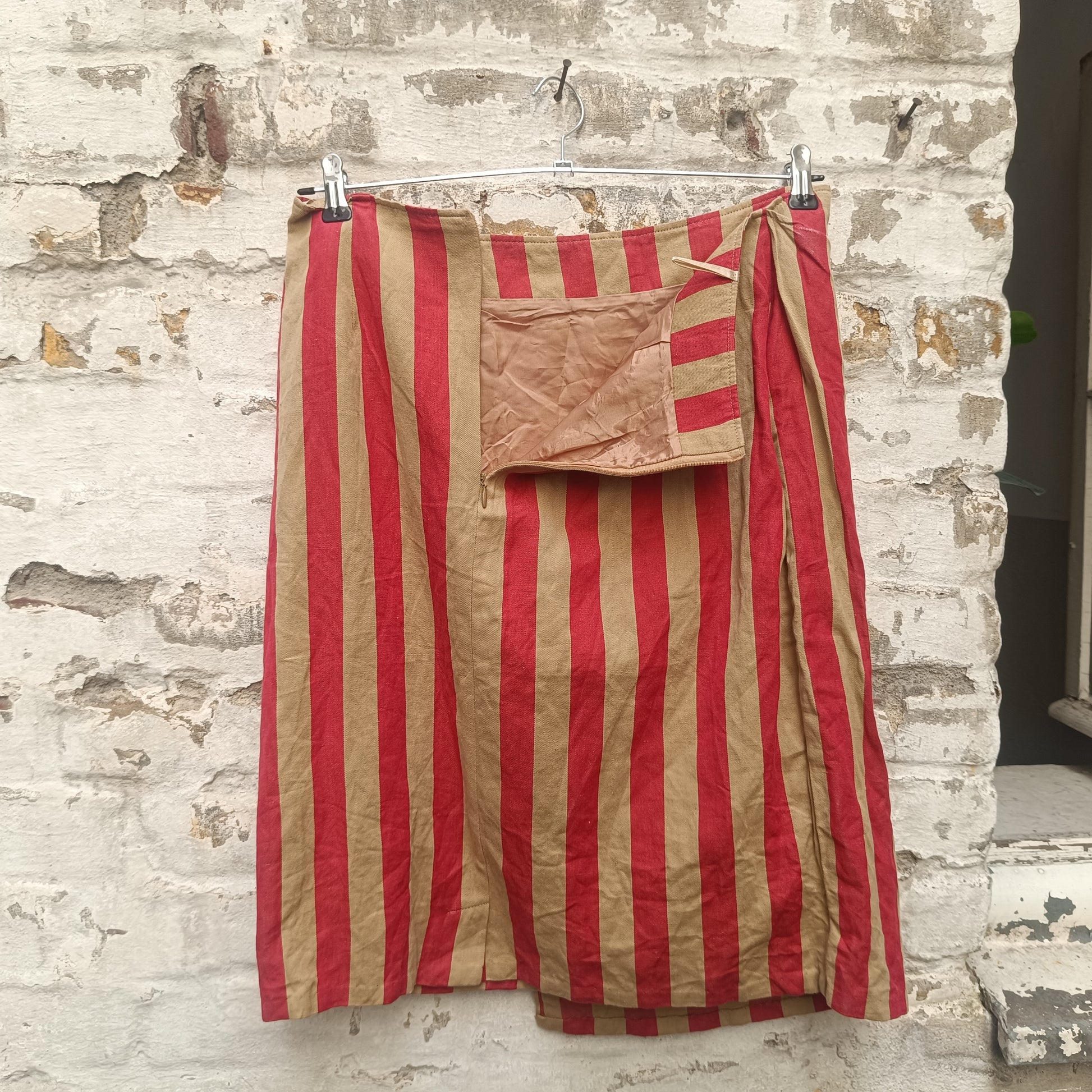 Striped Faux Wrap Skirt | Vintage 90s Red Beige | Size L EU 44