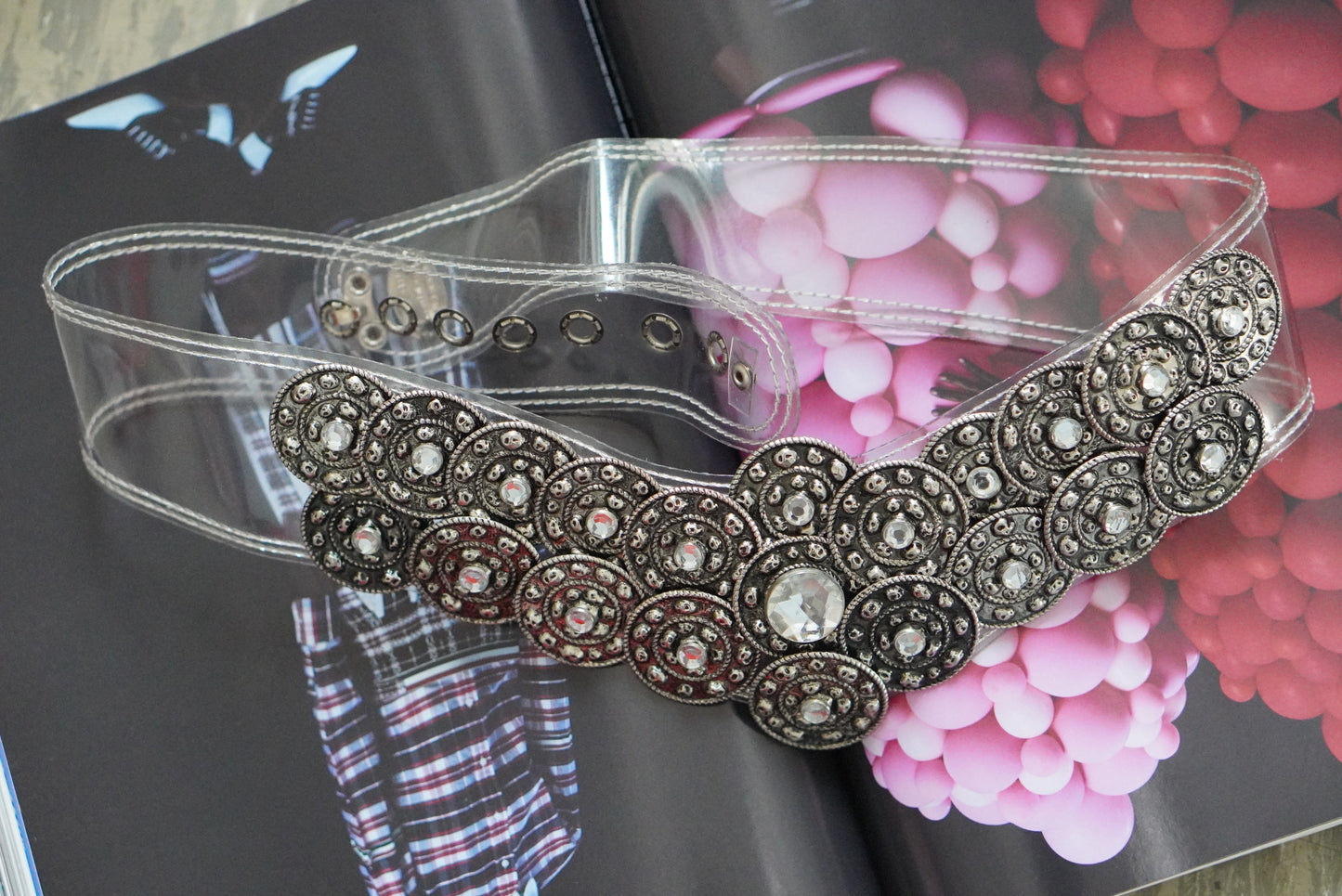 Jose Cotel 1985 Vintage Clear Vinyl Belt - French Medallion Waist Belt