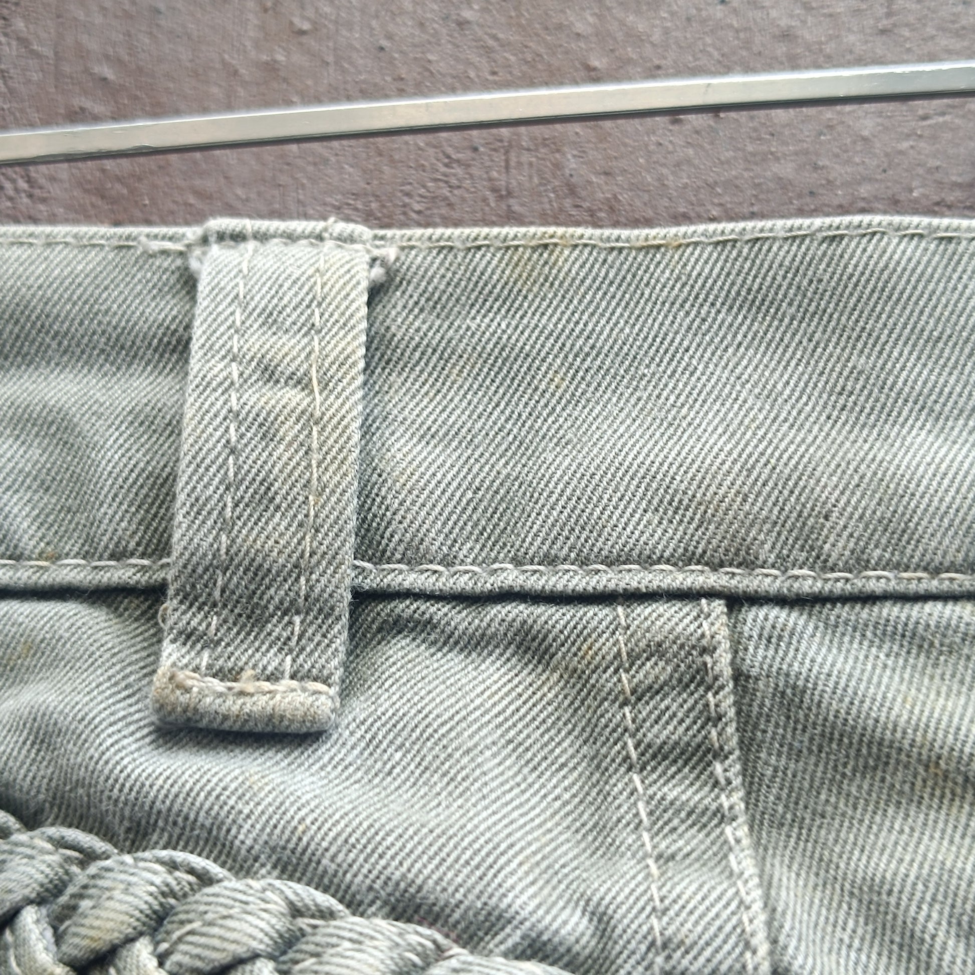 Vintage 1980s High Waisted Pants Sage Green Braided Pocket Tapered Denim Trousers