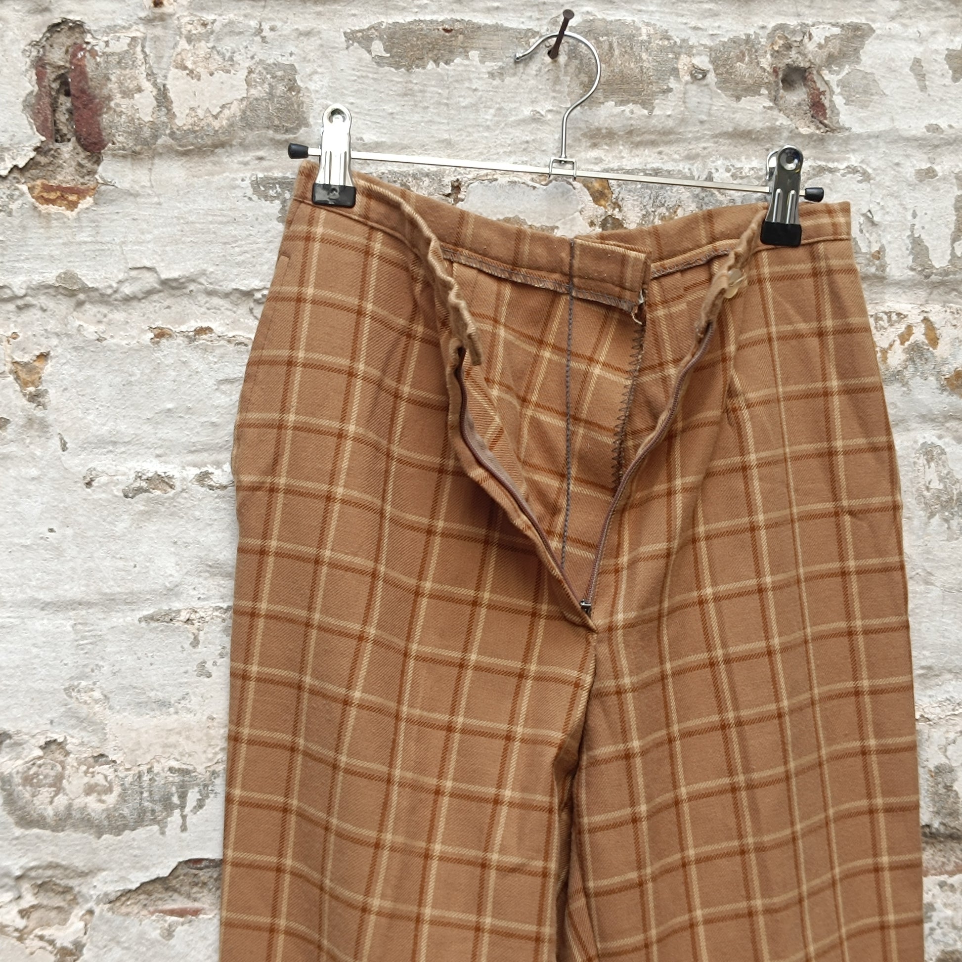 Plaid Trousers Vintage 70s Beige High Waisted Pants | Fits XS to S
