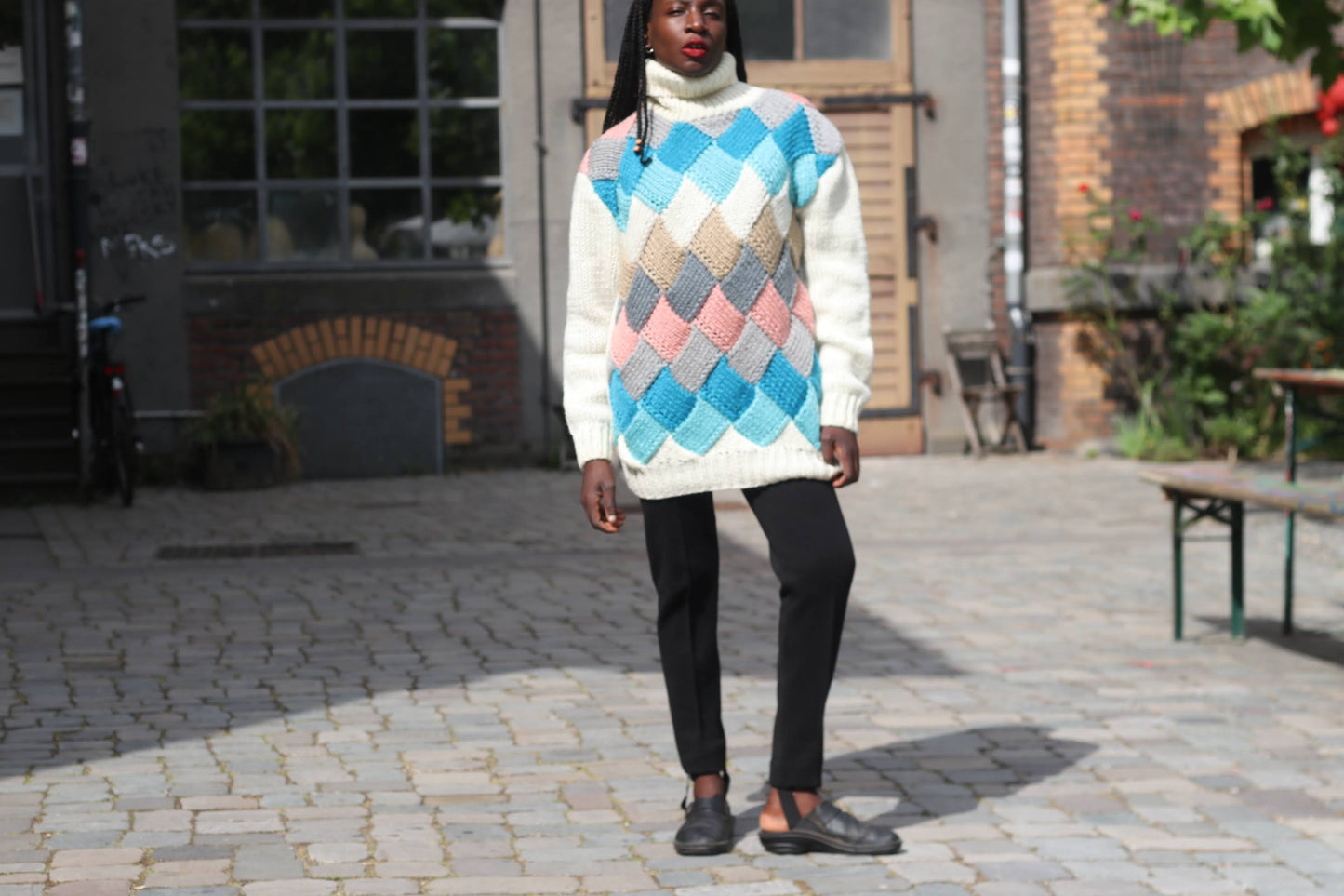 Vintage 80s Geometric Knit Turtleneck Sweater - Oversized Chunky Jumper