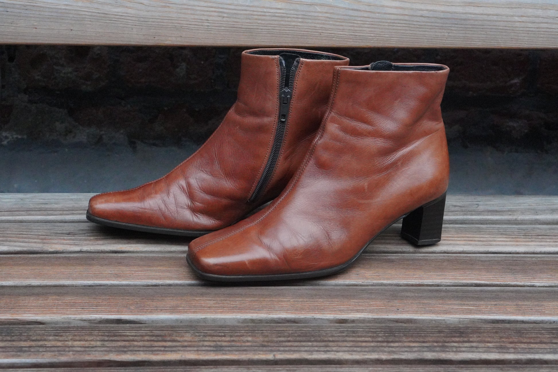 Vintage 90s Gabor Cognac Brown Leather Ankle Boots | Square Toe EU 38