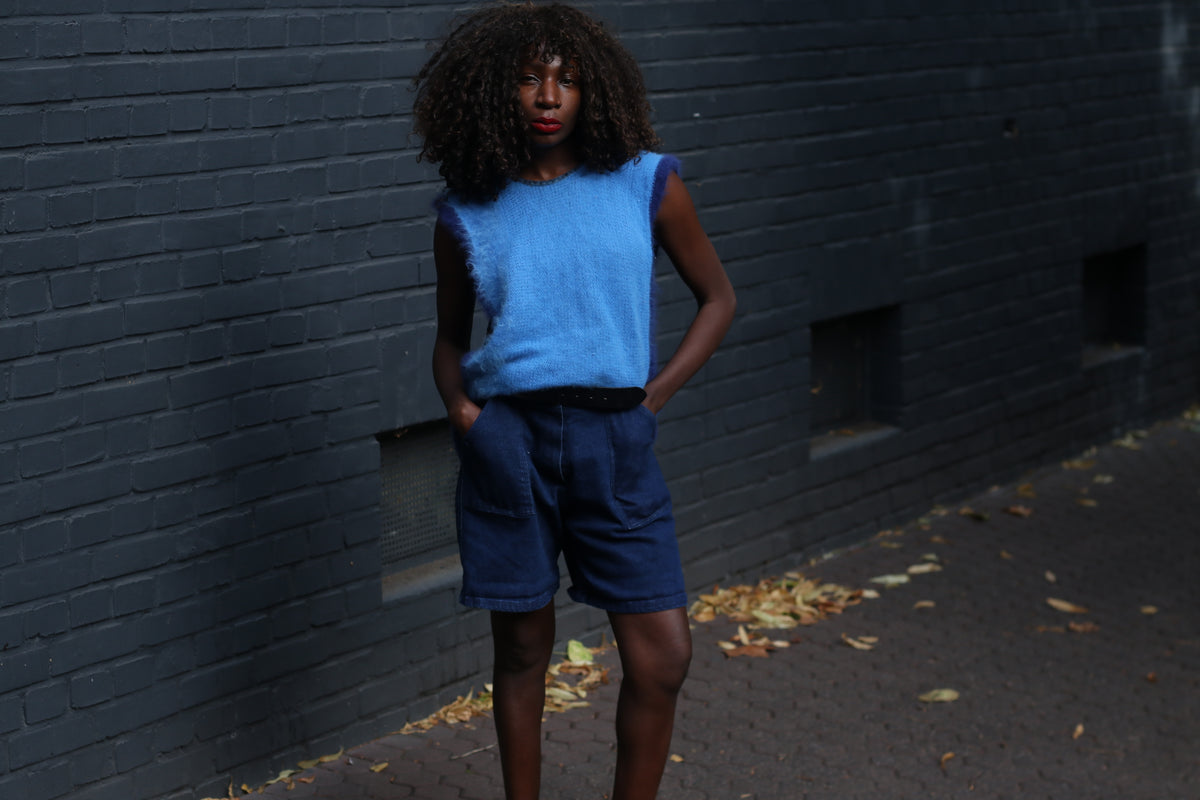 Knit Vest 80s Vintage Blue Mohair Sleeveless Sweater Top | S/M