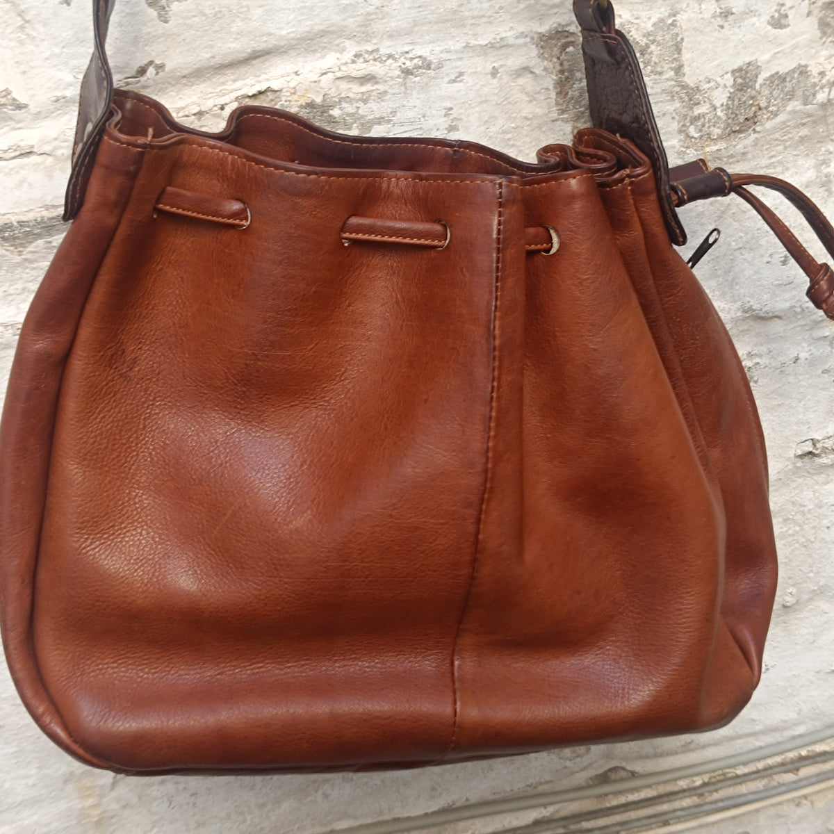 Vintage Cognac Leather Bucket Bag | 80s Drawstring Crossbody Purse
