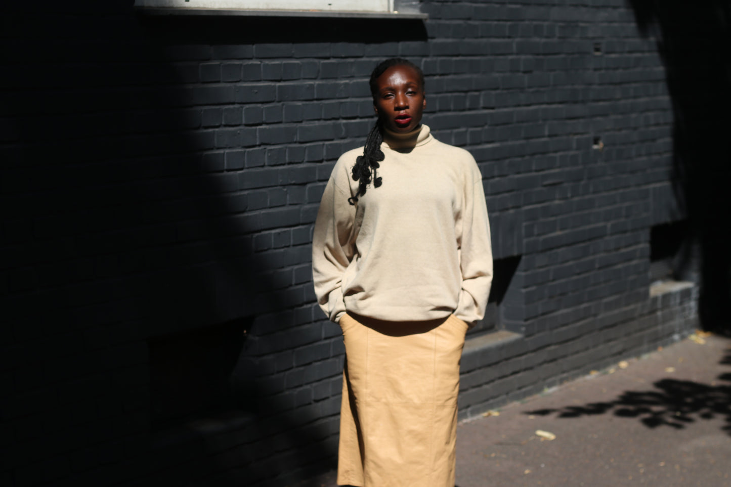 Vintage Leather Skirt - 80s Camel Tan Midi Skirt | Minimalist A-Line