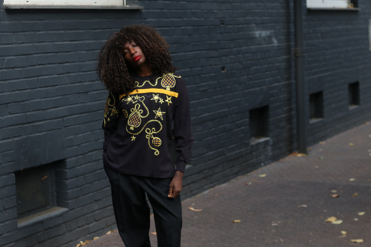 Vintage 80s Black Gold Embroidered Sweatshirt M | Nautical Graphic Jumper