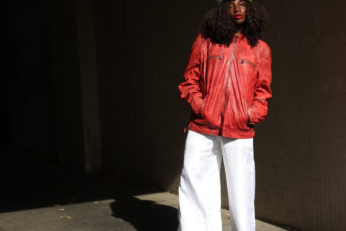 Red Leather Biker Jacket - Vintage Mey & Edlich Moto Jacket - Size L