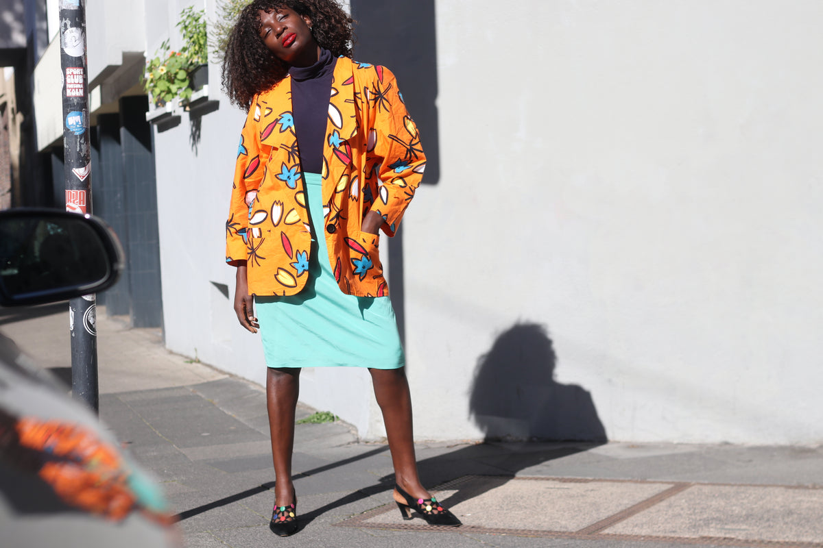 Vintage 80s Abstract Print Blazer | Orange Cotton Art Jacket M/L