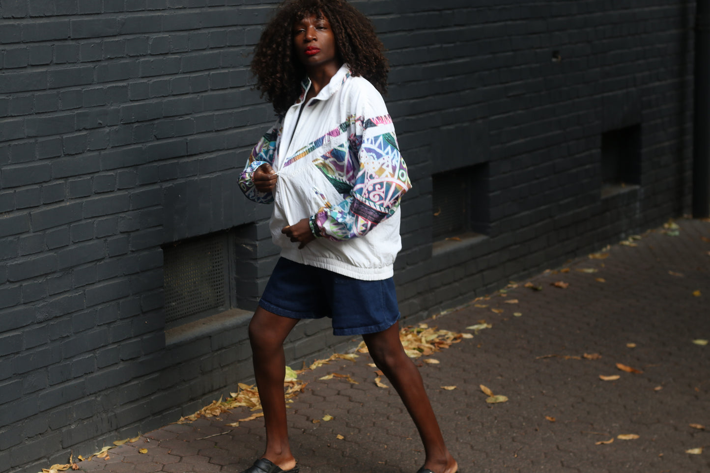 80s Vintage Track Jacket - Abstract Pattern White Windbreaker | M/L
