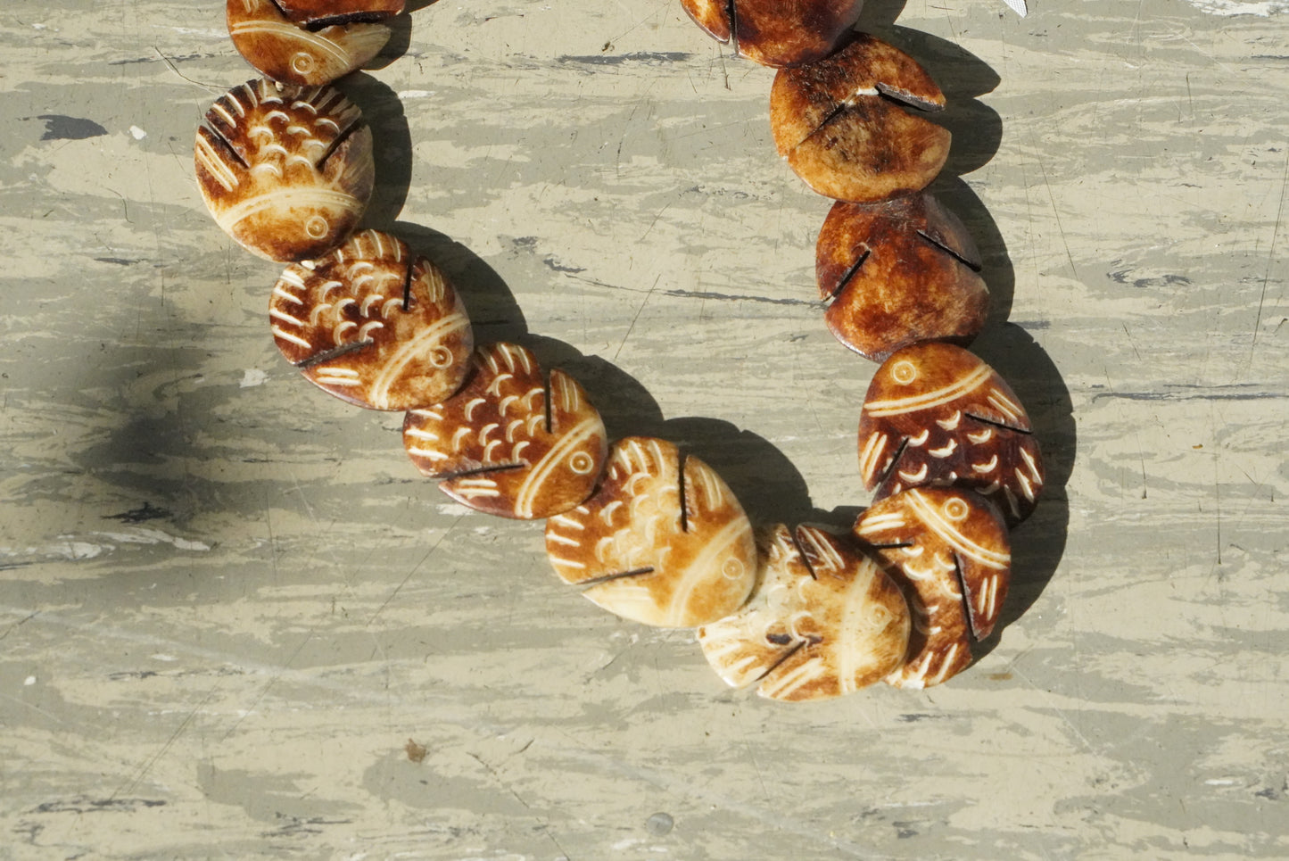 Vintage Carved Fish Necklace | Boho Brown Coconut Shell Tiki Jewelry