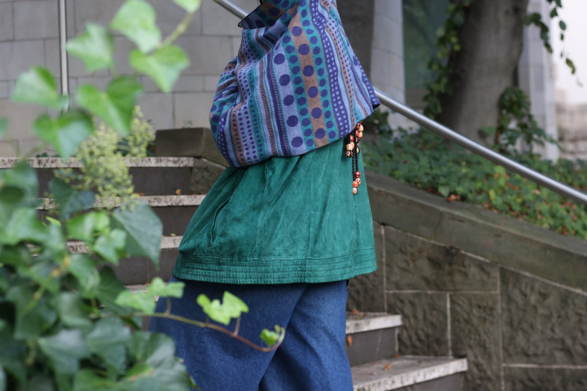 Vintage Fringe Scarf | 80s Patterned Acrylic Shawl - Blue Green One Size