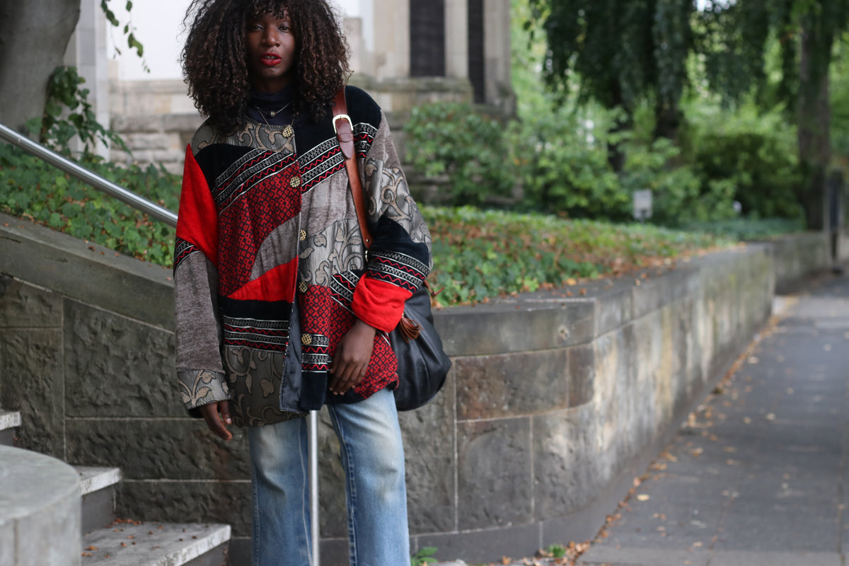 Vintage Patchwork Jacket - Y2K Boho Tapestry Coat Red Black | XXL