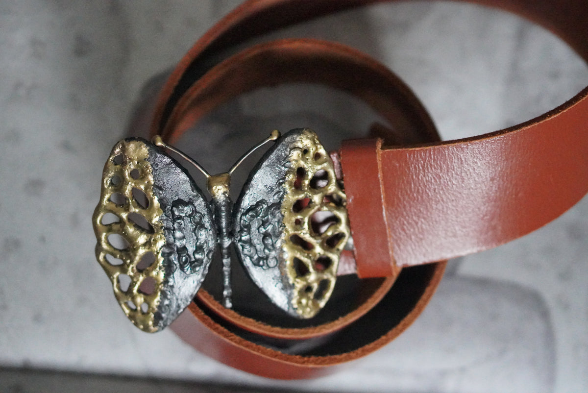 Vintage Butterfly Leather Belt | 80s Cognac Brown Statement Belt M/L