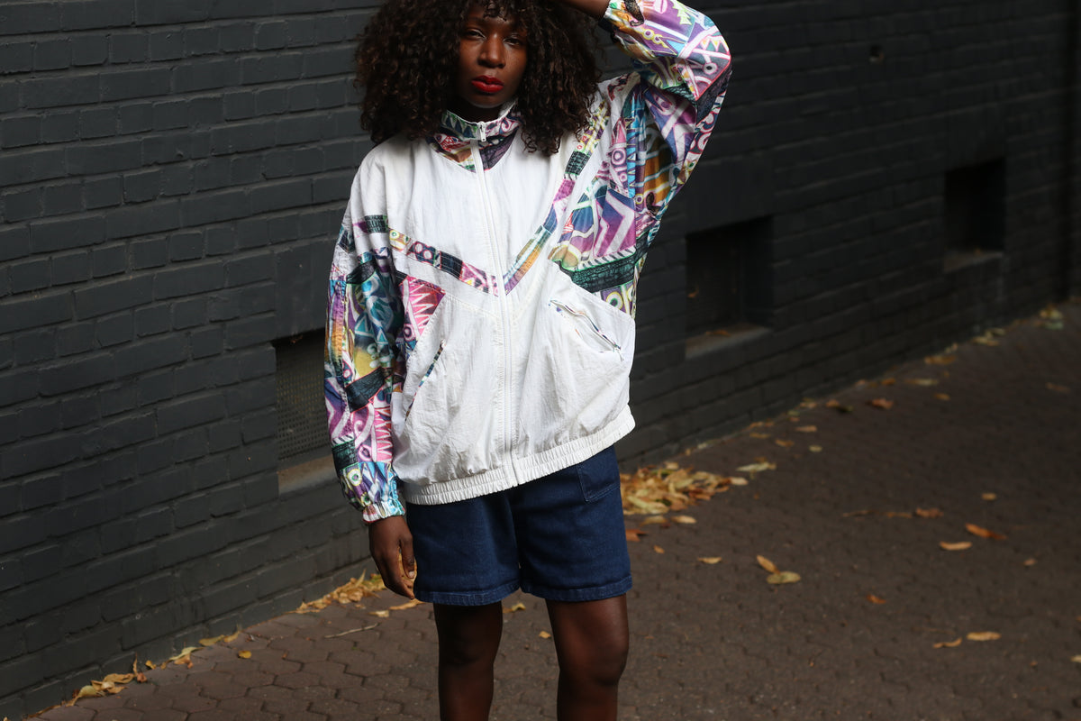 80s Vintage Track Jacket - Abstract Pattern White Windbreaker | M/L